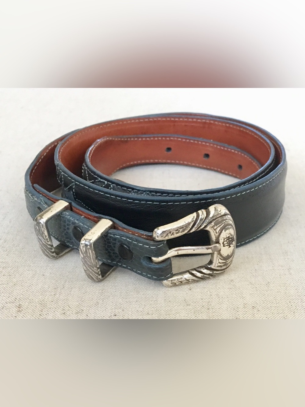 Vintage Lucchese Leather Belt Ostrich Gray Black Western Buckle Tips
Made in USA